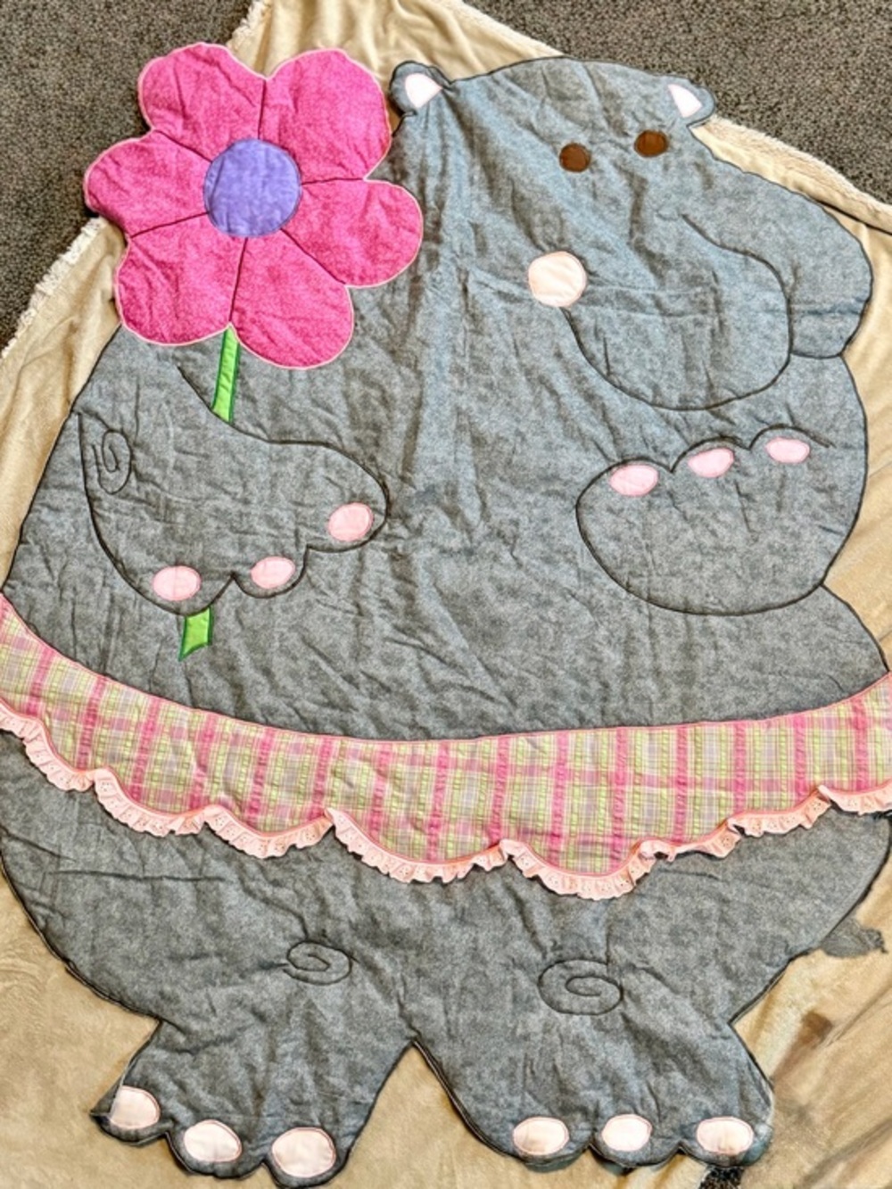 Vintage Handmade Gray Hippo Applique Baby Quilt with Pink Flower